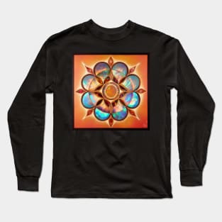 Orange and Blue Fire Opal Flower Mandala Long Sleeve T-Shirt